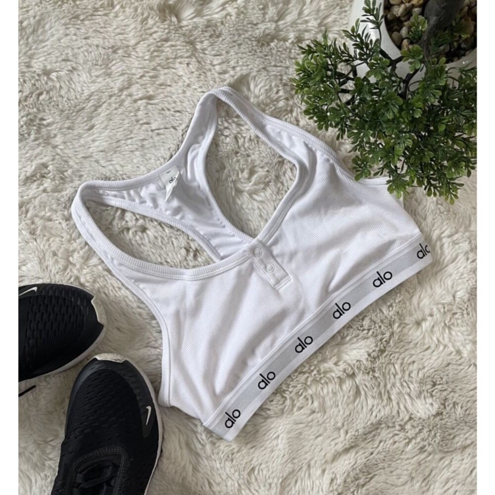 ALO YOGA Icon Ribbed Henley Bra Sports Tank Top White Size S Racerback Crop